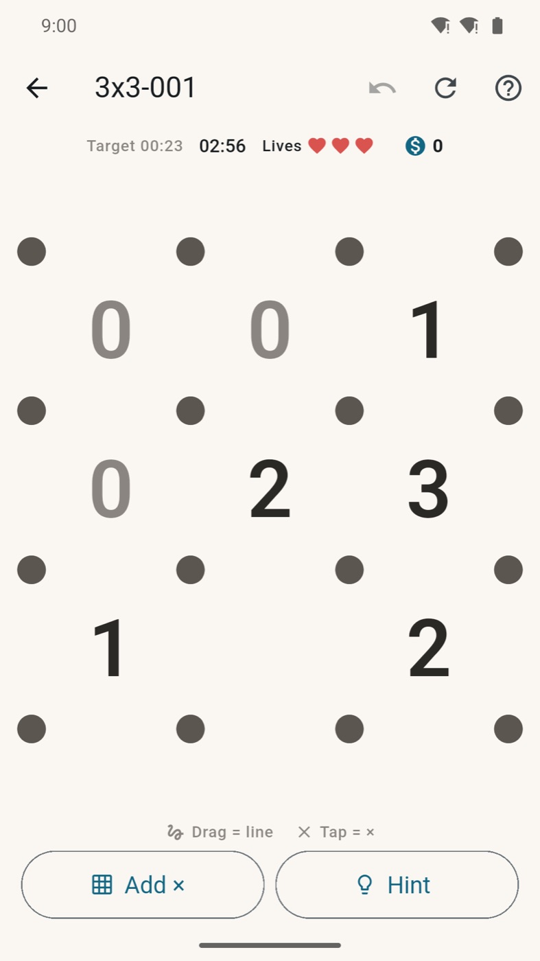 The first Loop Puzzle (3×3): just dots and numbers, no lines yet