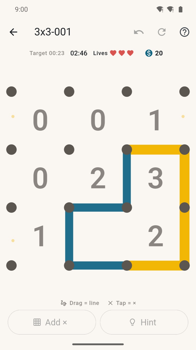 The same puzzle with the lines joined into one loop, glowing gold as it is solved