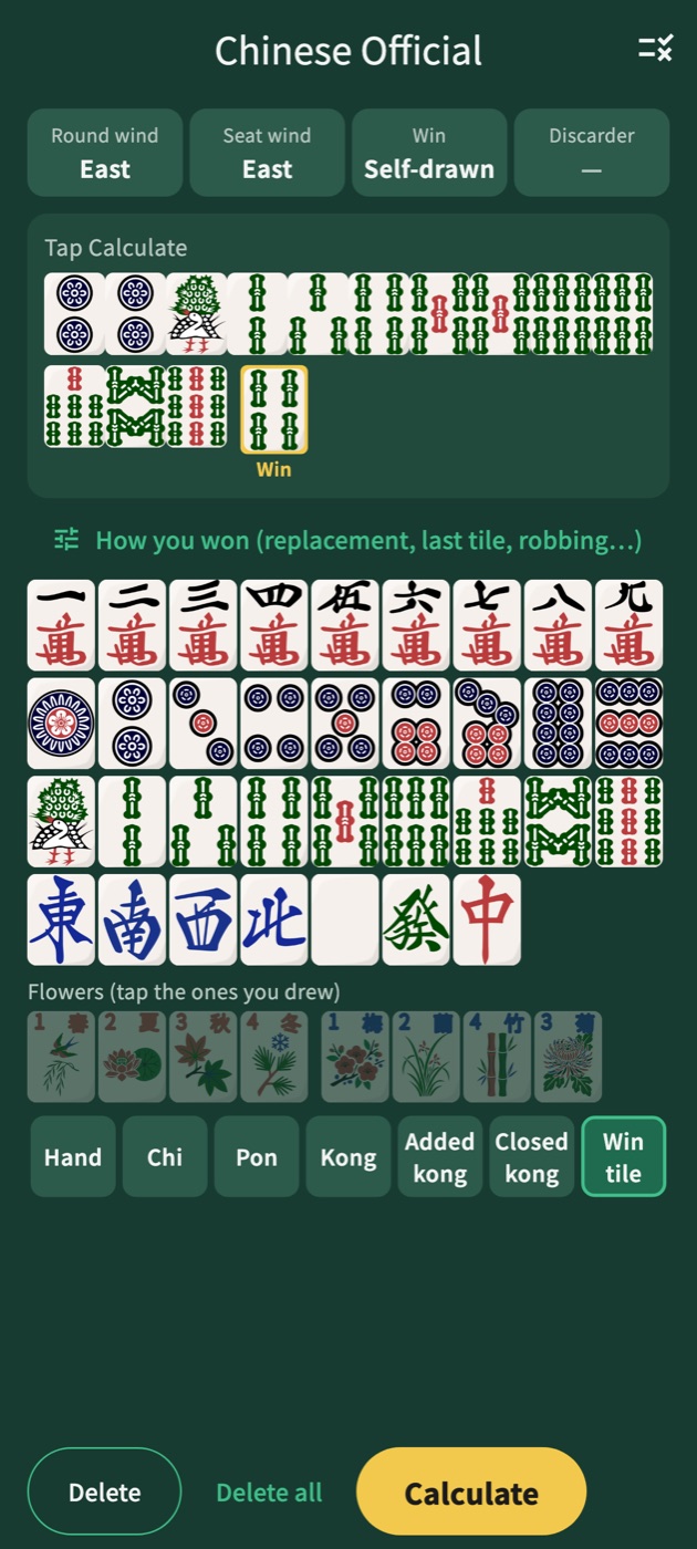 Tensu Navi input screen for Chinese Official: a hand with the winning tile marked, round wind, seat wind and self-drawn buttons, and the tile palette below