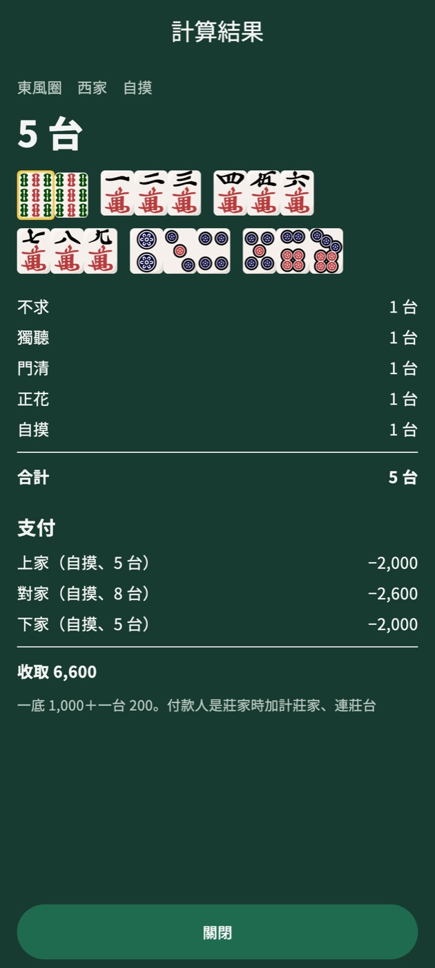 計算結果畫面:5 台,不求、獨聽、門清、正花、自摸各 1 台,並列出上家、對家、下家各付多少