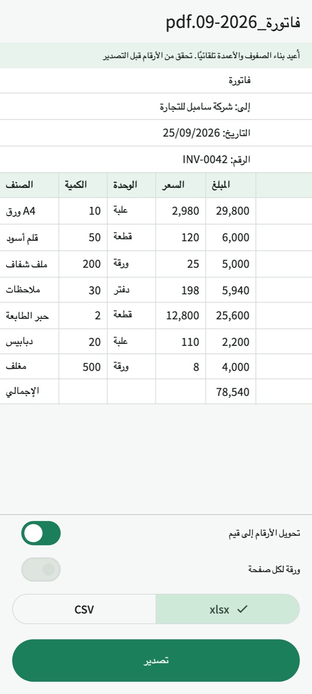 الفاتورة نفسها بعد تحويلها في TablePull: جدول بأعمدة الصنف والكمية والوحدة والسعر والمبلغ، ومجموعه 78,540