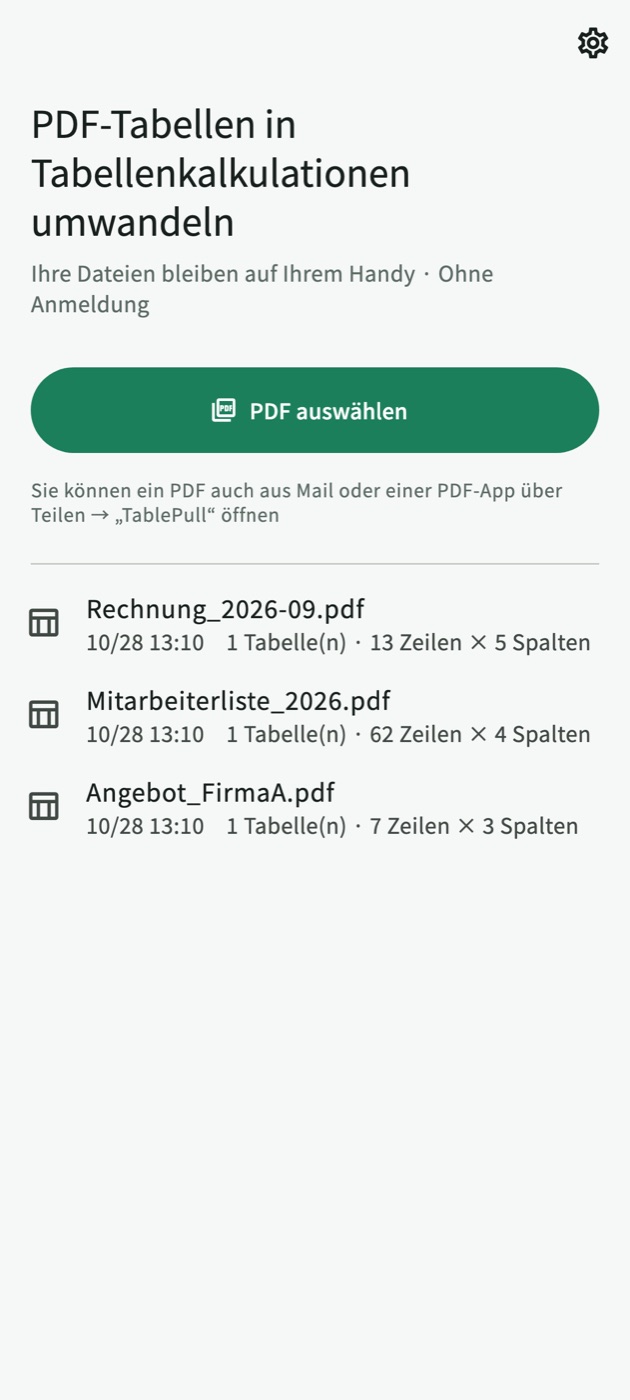TablePull-Startbildschirm mit der Schaltfläche „PDF auswählen“ und einer Liste umgewandelter PDFs