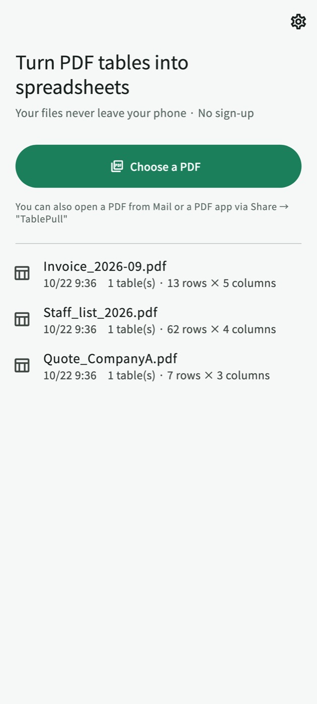 TablePull home screen with a "Choose a PDF" button and a list of converted PDFs