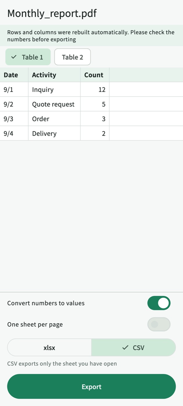 Export screen with CSV selected and two sheets you can switch between