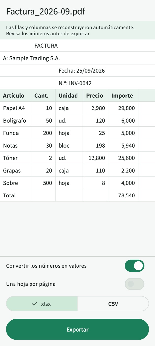 La misma factura convertida en TablePull: una tabla con las columnas Artículo, Cant., Unidad, Precio e Importe y un total de 78,540