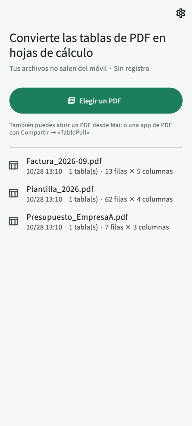 Pantalla de inicio de TablePull con un botón «Elegir un PDF» y una lista de PDF convertidos