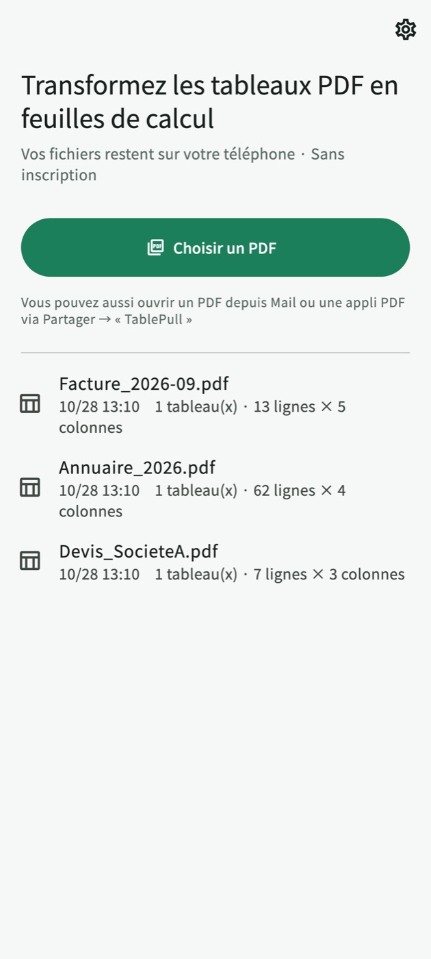 L'écran d'accueil de TablePull avec un bouton « Choisir un PDF » et la liste des PDF convertis