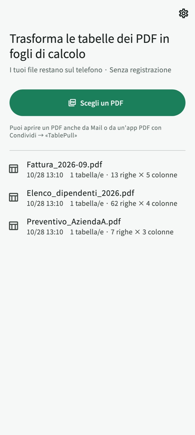 Schermata iniziale di TablePull con un pulsante "Scegli un PDF" e l'elenco dei PDF convertiti