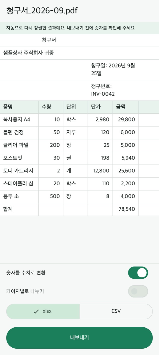 같은 청구서를 TablePull로 변환한 미리보기. 품명·수량·단위·단가·금액 5열과 합계 78,540이 표로 정리됨