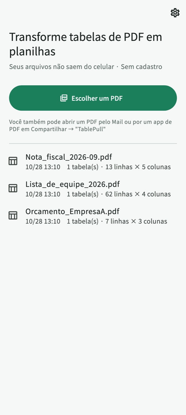 Tela inicial do TablePull com o botão "Escolher um PDF" e uma lista de PDFs convertidos