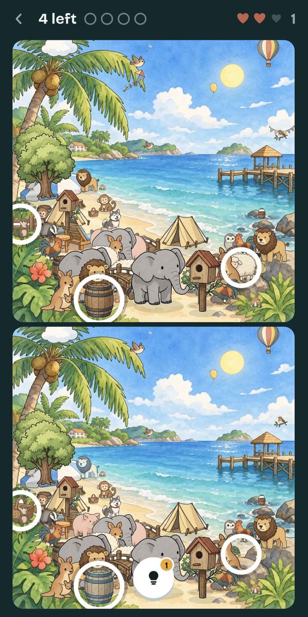 Game screen of Spot the Difference: Animals. Two pictures of animals gathered on a beach are stacked top and bottom, with white circles around the differences already found