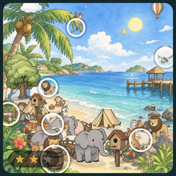 Écran de réussite : l’image de la plage avec les 7 différences entourées, et 2 étoiles